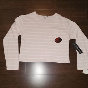 Madden Girl Pink Long Sleeve Tee Juniors Medium M Sequin Bling Kiss Lips